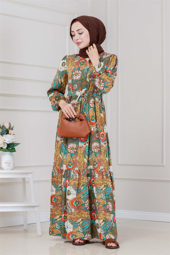 Beli Tünelli Çiçekli Viscon Elbise-Kahverengi