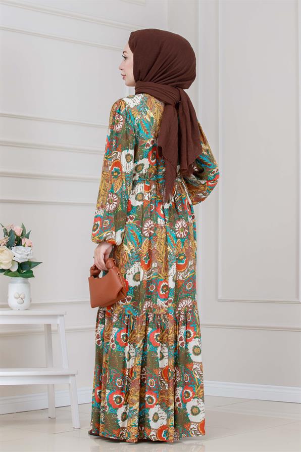 Beli Tünelli Çiçekli Viscon Elbise-Kahverengi