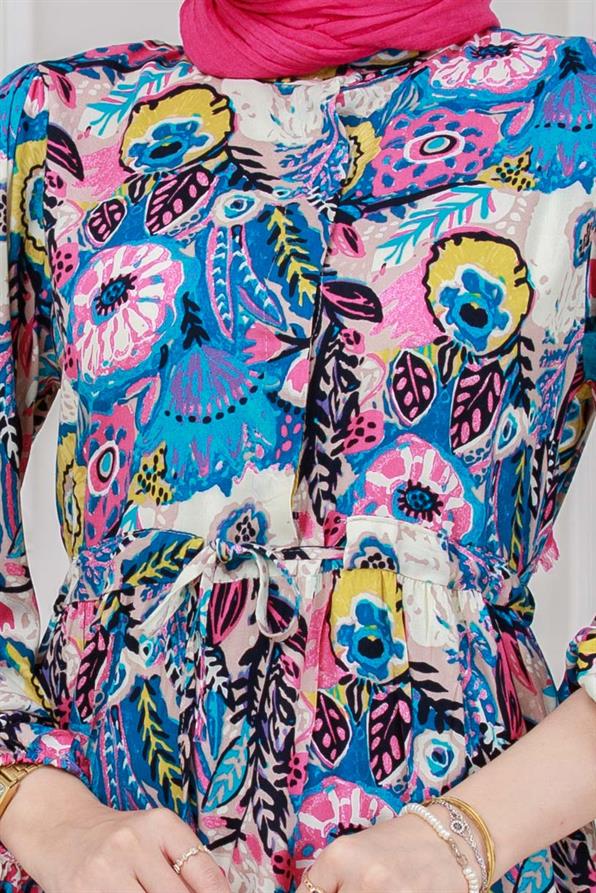 Beli Tünelli Çiçekli Viscon Elbise-Mavi