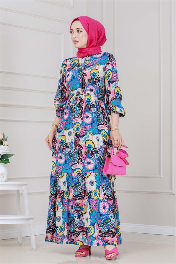 Beli Tünelli Çiçekli Viscon Elbise-Mavi