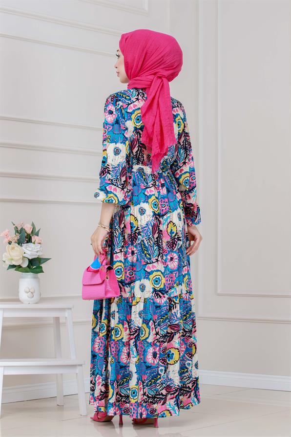 Beli Tünelli Çiçekli Viscon Elbise-Mavi