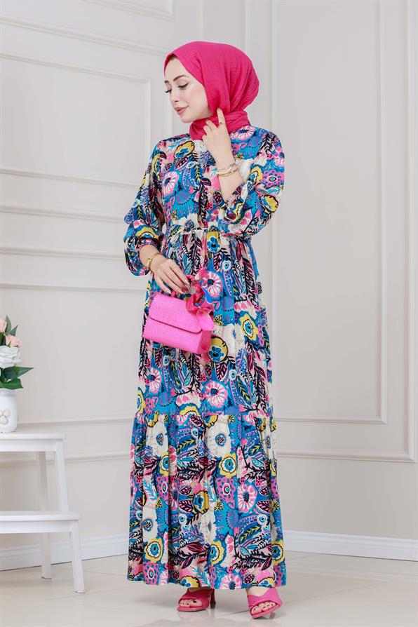 Beli Tünelli Çiçekli Viscon Elbise-Mavi