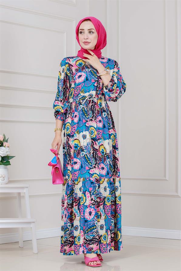 Beli Tünelli Çiçekli Viscon Elbise-Mavi