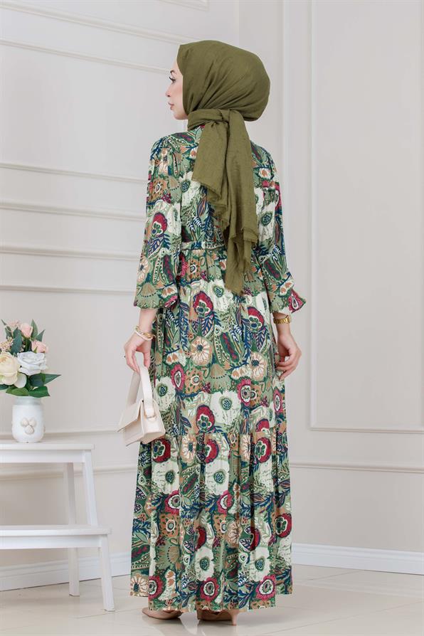 Beli Tünelli Çiçekli Viscon Elbise-Yeşil