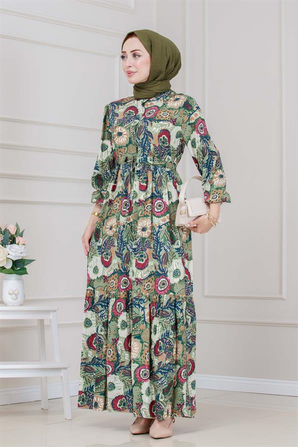 Beli Tünelli Çiçekli Viscon Elbise-Yeşil