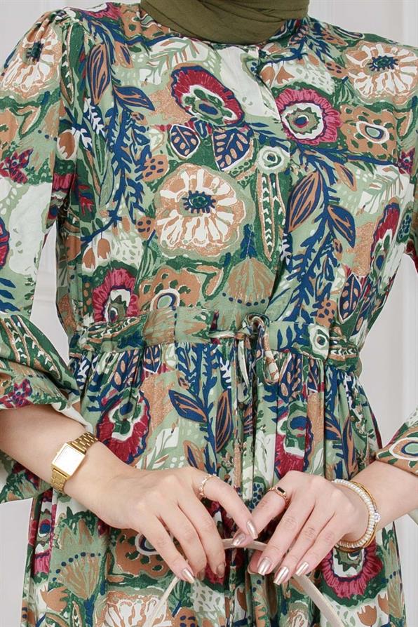 Beli Tünelli Çiçekli Viscon Elbise-Yeşil