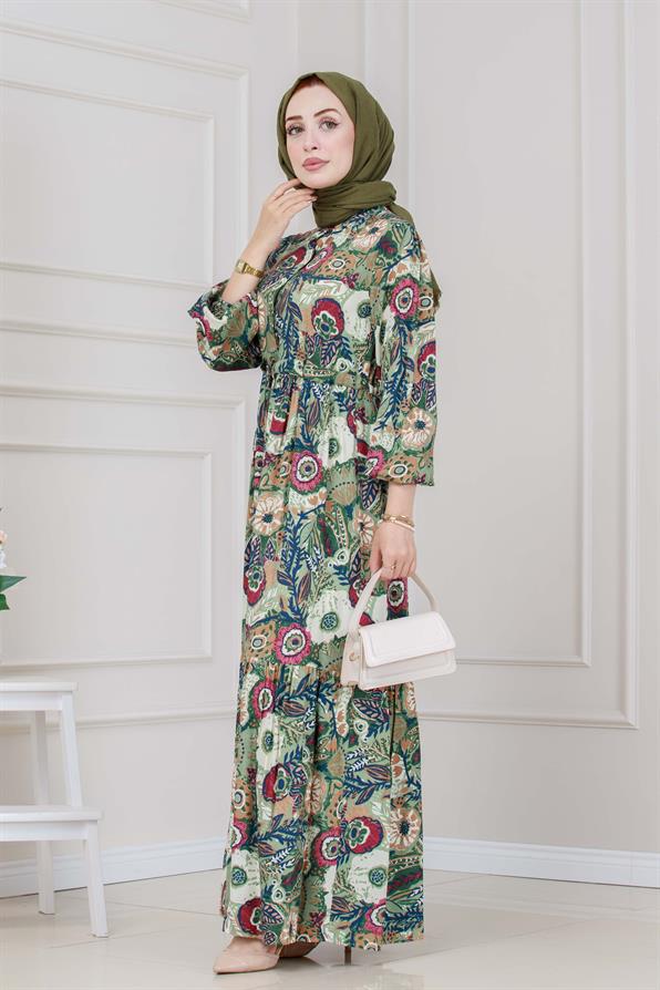 Beli Tünelli Çiçekli Viscon Elbise-Yeşil