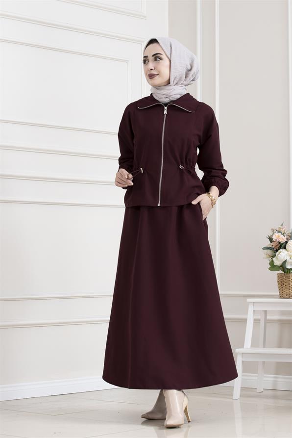Beli Tünelli Fermuarlı Etekli Takm-BORDO