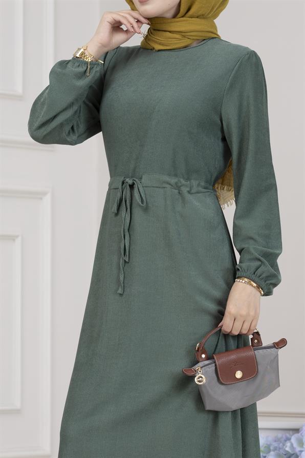 Beli Tünelli Fitilli Aslı Elbise-Yeşil