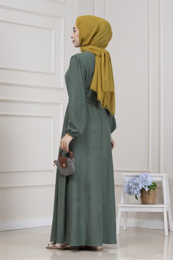 Beli Tünelli Fitilli Aslı Elbise-Yeşil