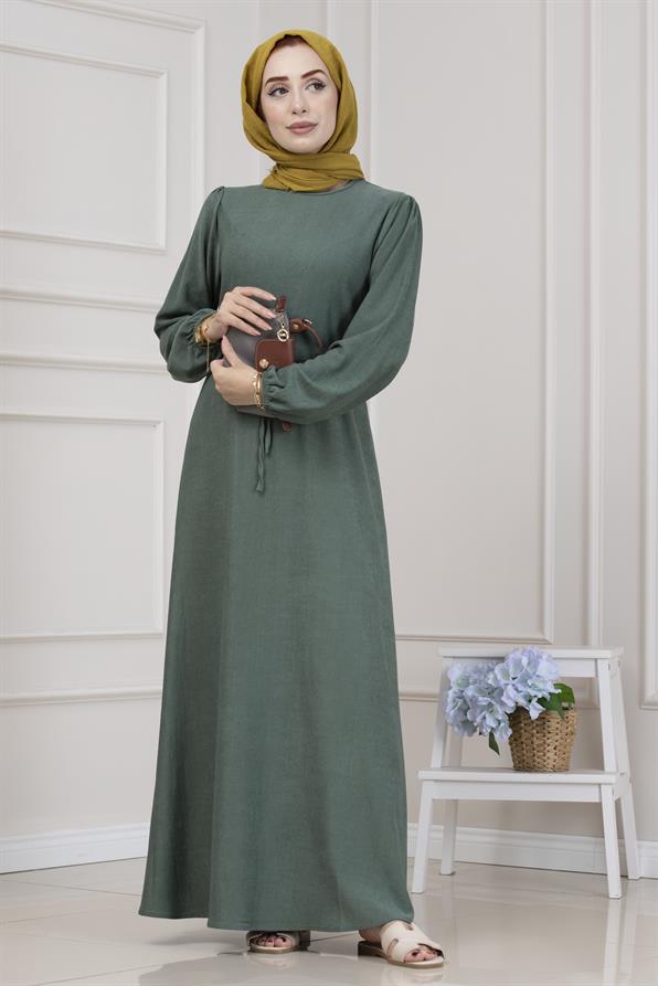 Beli Tünelli Fitilli Aslı Elbise-Yeşil