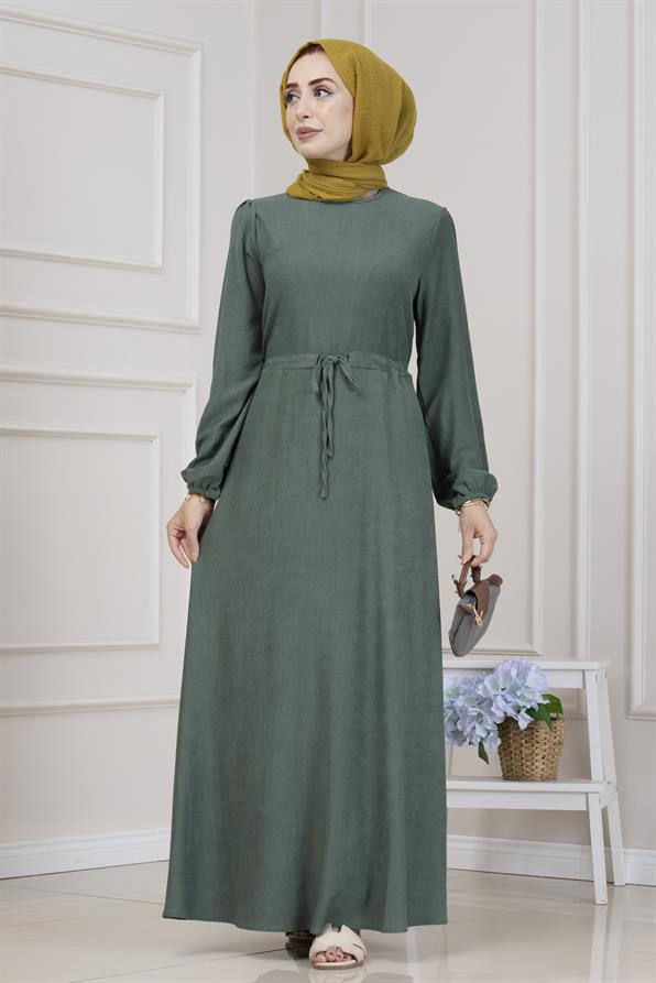 Beli Tünelli Fitilli Aslı Elbise-Yeşil