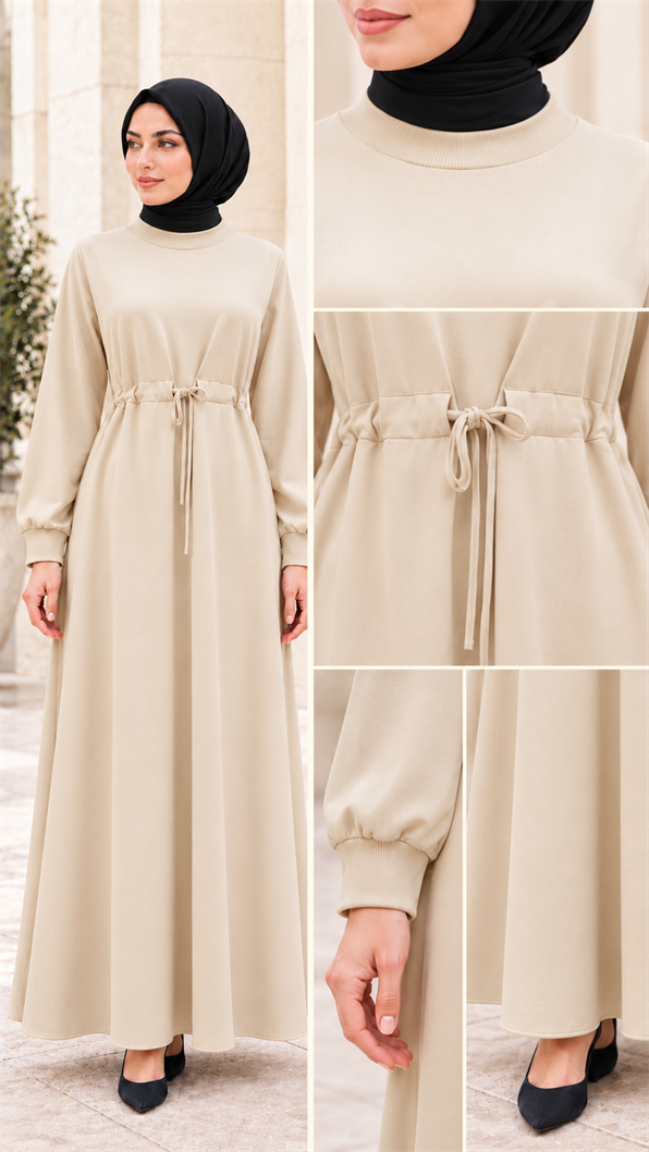 Dress with belt at the waist - Beige Color