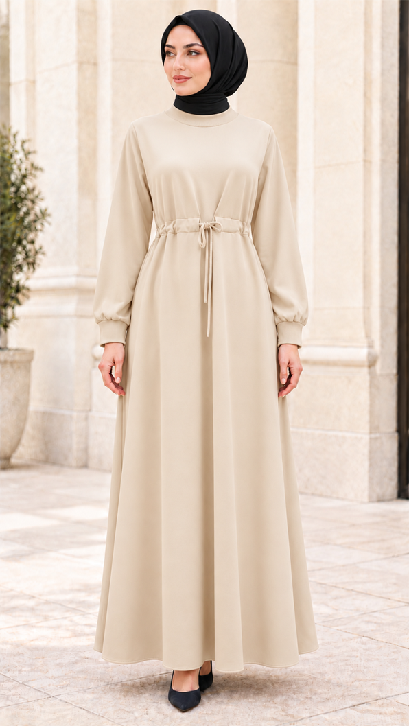 Dress with belt at the waist - Beige Color