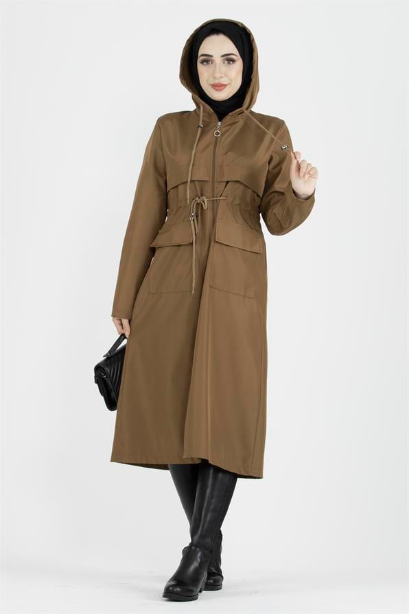 ترنشكوت بحزام مخفي على الخصر-اللون العسلي