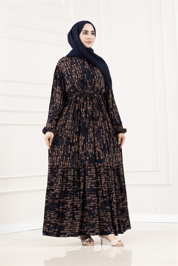 Beli Tünelli Viscon Güneş Elbise-LACİVERT