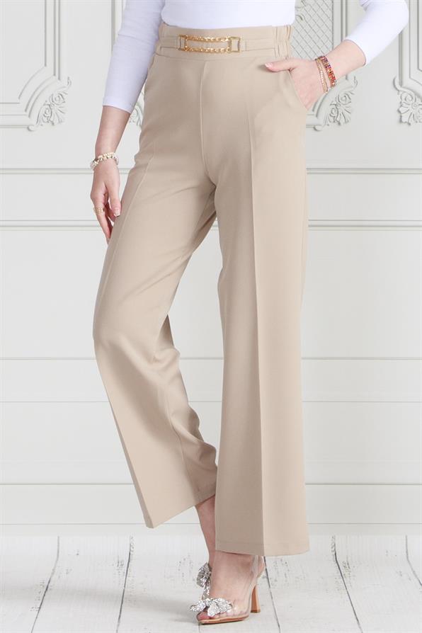 Beli Zincir Detaylı Bol Paça Pantolon-Bej