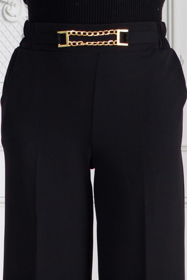 Beli Zincir Detaylı Bol Paça Pantolon-Siyah