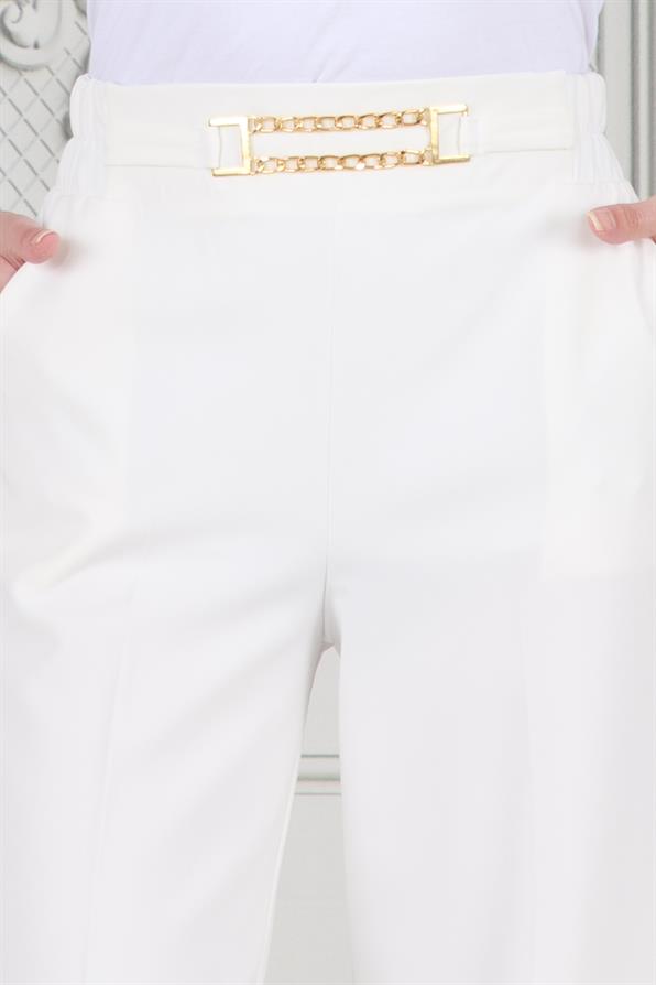Beli Zincir Detaylı Bol Paça Pantolon-Beyaz