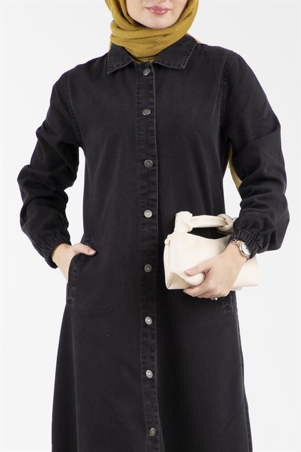Buttoned Denim Coat-Black color