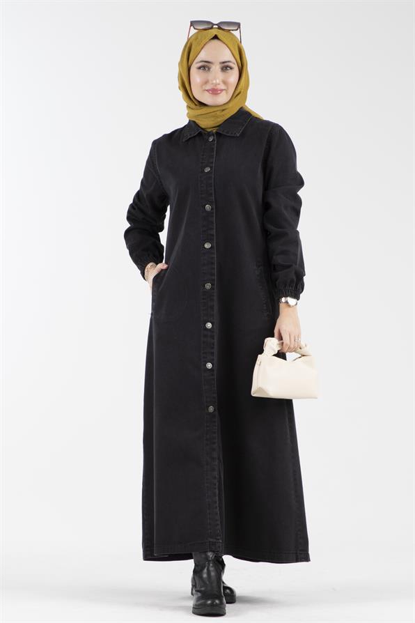 Buttoned Denim Coat-Black color