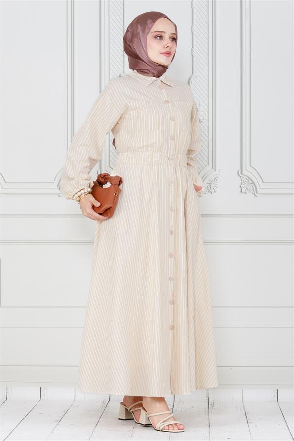 فستان مخطط ذو أزرار بيج اللون