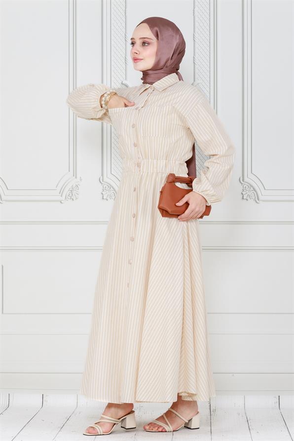 فستان مخطط ذو أزرار بيج اللون