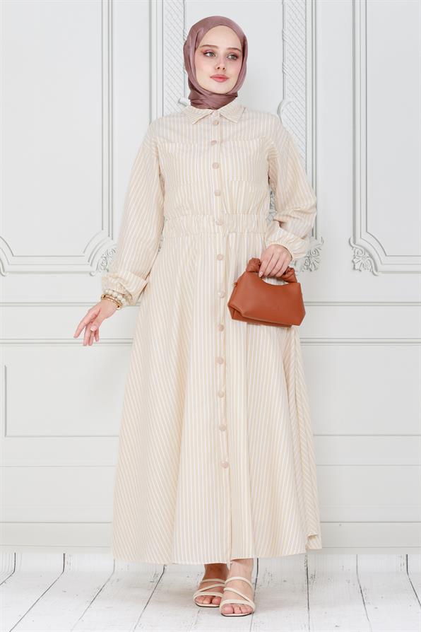 فستان مخطط ذو أزرار بيج اللون