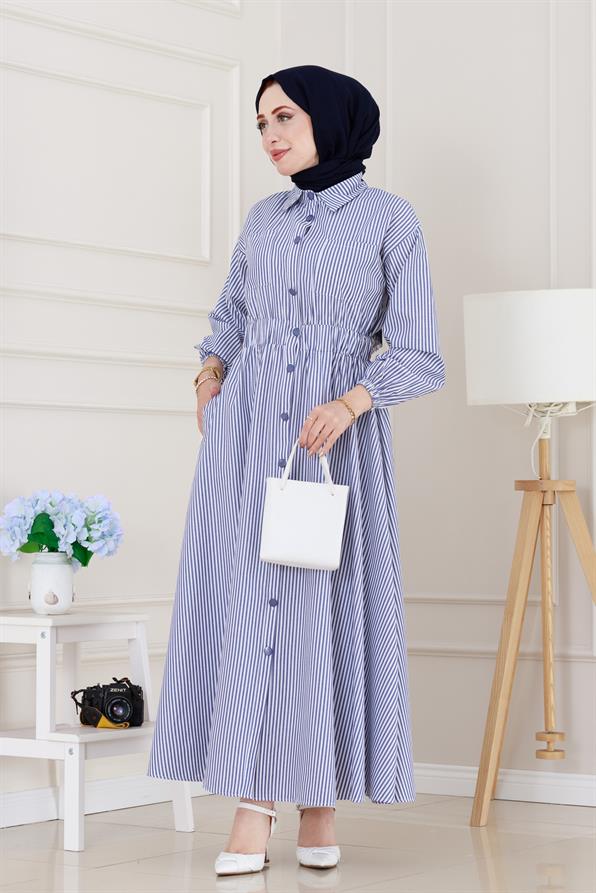 فستان مخطط ذو أزرار ازرق داكن اللون