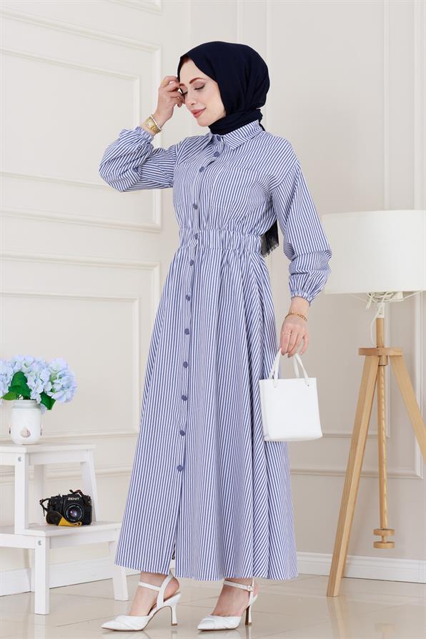 فستان مخطط ذو أزرار ازرق داكن اللون