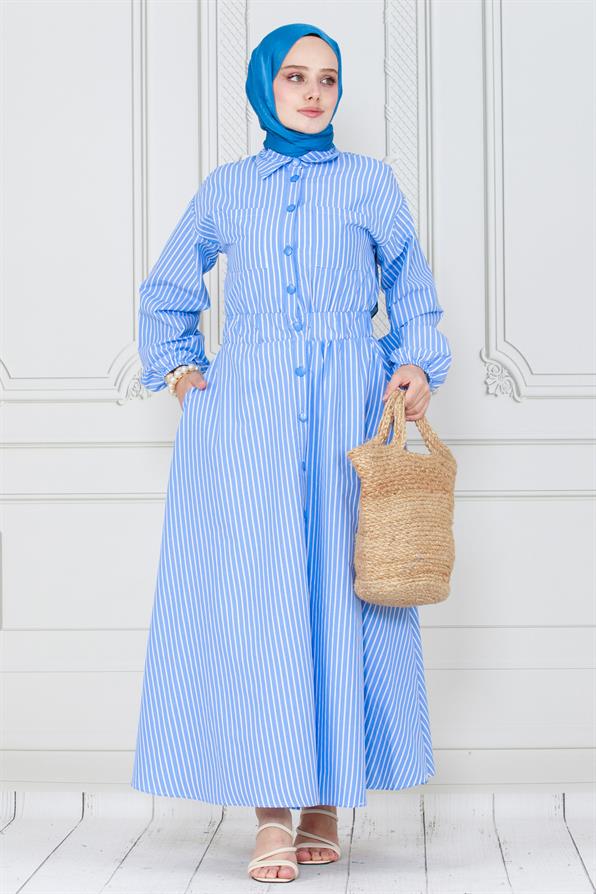 فستان مخطط ذو أزرار ازرق اللون
