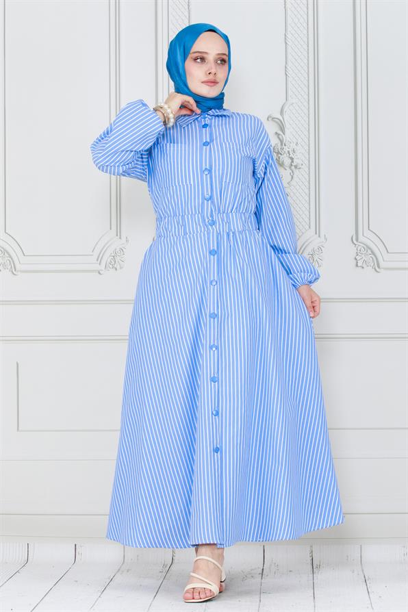 فستان مخطط ذو أزرار ازرق اللون