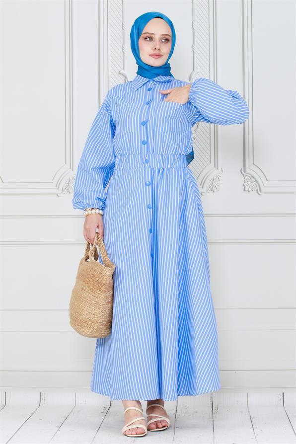 فستان مخطط ذو أزرار ازرق اللون