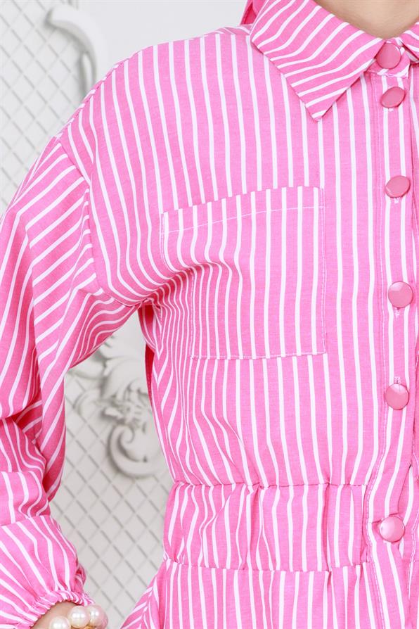 Boydan Düğmeli Çizgili Elbise-Pembe