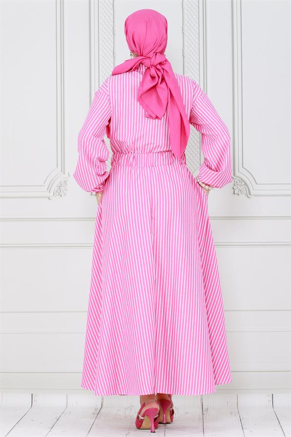 Boydan Düğmeli Çizgili Elbise-Pembe