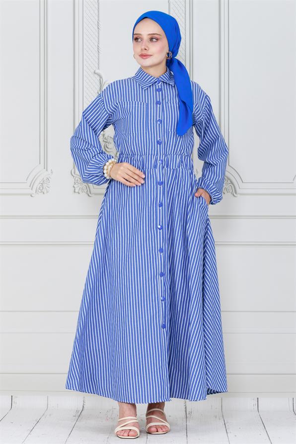 Buttoned Striped Dress-light bleu  color