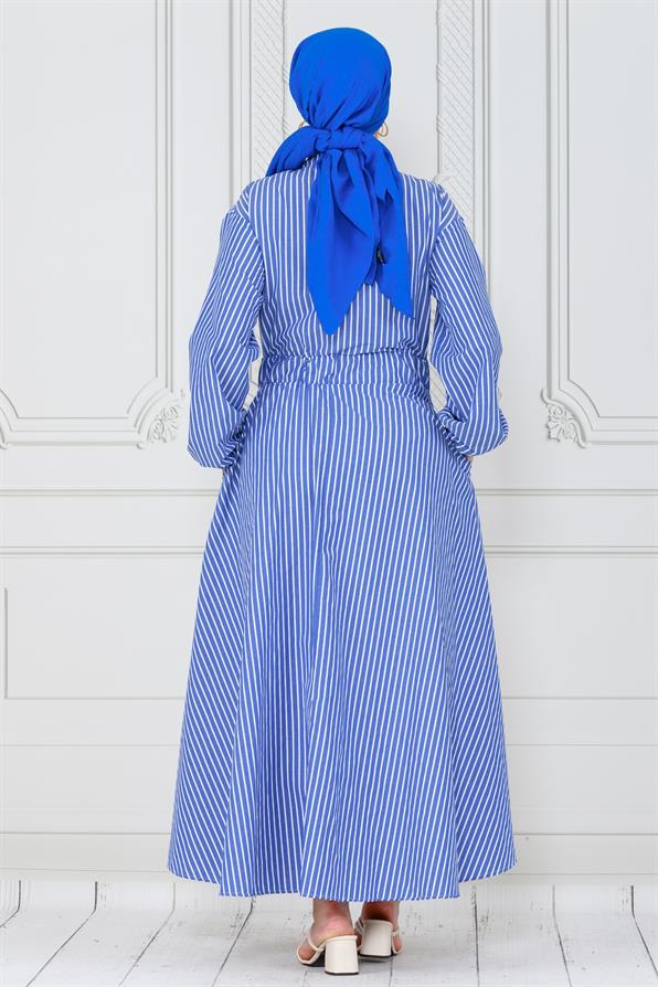 Buttoned Striped Dress-light bleu  color