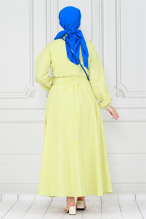 Buttoned Striped Dress-Yellow color
