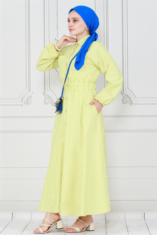 Buttoned Striped Dress-Yellow color