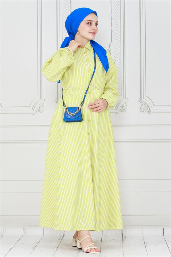 Buttoned Striped Dress-Yellow color