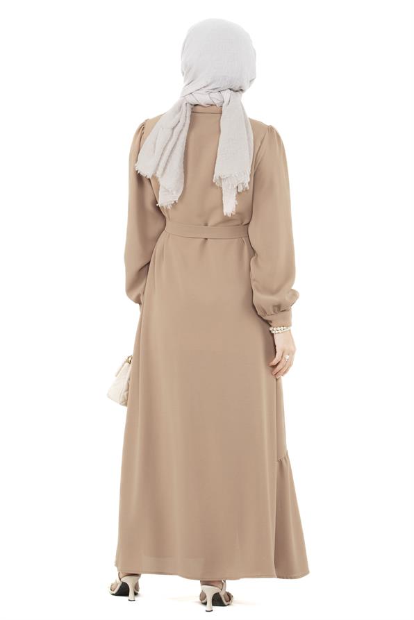 Boydan Düğmeli Elbise-Camel
