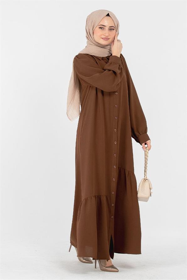 Crepe Fabric Full Buttoned Dress - Brown