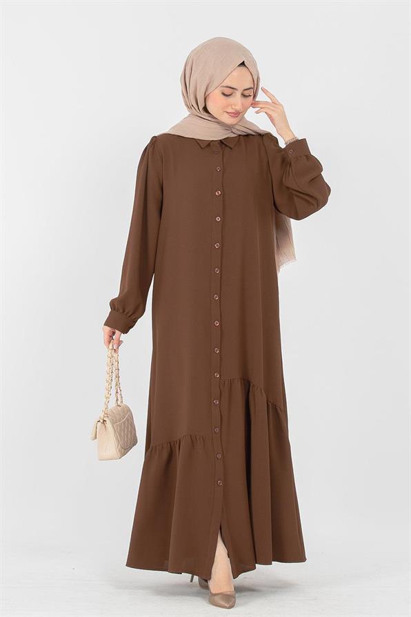 Crepe Fabric Full Buttoned Dress - Brown