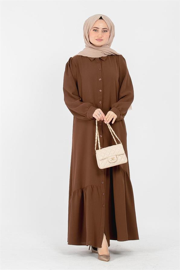 Crepe Fabric Full Buttoned Dress - Brown