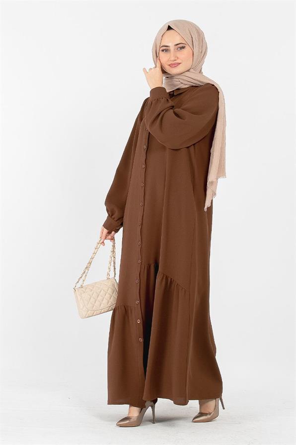 Crepe Fabric Full Buttoned Dress - Brown