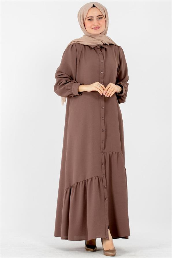 Crepe Fabric Full Buttoned Dress - Dark Mink