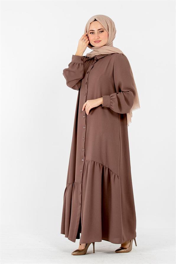 Crepe Fabric Full Buttoned Dress - Dark Mink