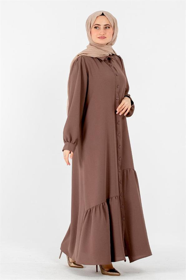 Crepe Fabric Full Buttoned Dress - Dark Mink