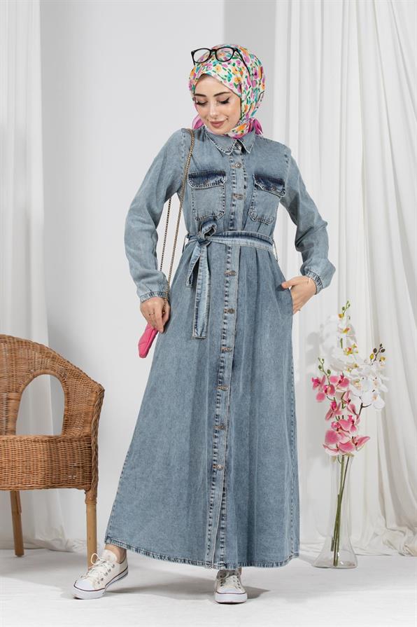 Full Buttoned Jeans Dress-Blue