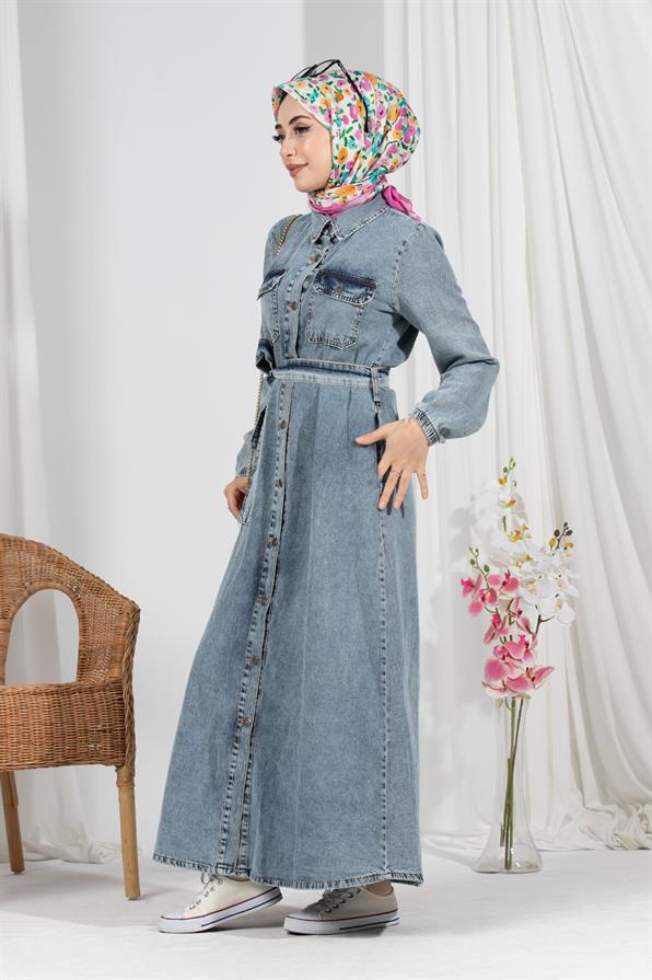Full Buttoned Jeans Dress-Blue